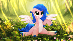Size: 2400x1350 | Tagged: safe, artist:darksly, oc, oc only, butterfly, pegasus, pony, cloven hooves, crepuscular rays, flower, forest, pale belly, raised hoof, solo