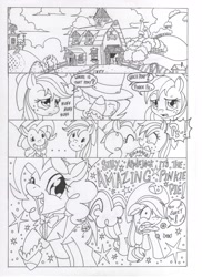Size: 2544x3504 | Tagged: safe, artist:mohawkrex, applejack, pinkie pie, earth pony, pony, comic:a piece of pie, g4, ..., applejack is not amused, barn, black and white, candy, clothes, comic, coughing, duo, eyes closed, female, food, grayscale, grin, hat, high res, huff, interrupted, kiss on the lips, kissing, mare, monochrome, not shipping, onomatopoeia, open mouth, open smile, personal space invasion, pinpoint eyes, smiling, smooch, sound effects, stars, surprise kiss, sweet apple acres, the amazing pinkie pie, tongue out, top hat, traditional art, tuxedo, unamused