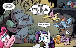 Size: 1181x750 | Tagged: safe, artist:andy price, idw, official comic, applejack, cave troll jim, fluttershy, pinkie pie, rainbow dash, rarity, twilight sparkle, cave troll, earth pony, pegasus, pony, unicorn, friendship is magic #2, g4, spoiler:comic, dialogue, emanata, female, floppy ears, group, male, mane six, mare, optimus prime, speech bubble, transformers, unicorn twilight