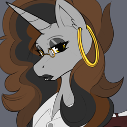 Size: 4000x4000 | Tagged: safe, artist:aerospine, oc, oc:calm respite, pony, unicorn, bust, clothes, ear piercing, earring, female, gift art, glasses, human lips, jewelry, lips, lipstick, mare, piercing, portrait