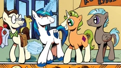 Size: 1334x750 | Tagged: safe, artist:andypriceart, 8-bit (character), gaffer, gizmo, shining armor, earth pony, pegasus, pony, unicorn, g4, idw, neigh anything, spoiler:comic, spoiler:comic11, cropped, group, male, quartet, stallion, younger