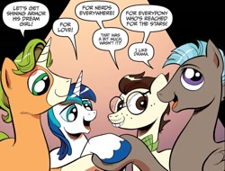 Size: 985x750 | Tagged: safe, artist:andypriceart, 8-bit (character), gaffer, gizmo, shining armor, earth pony, pegasus, pony, unicorn, g4, idw, neigh anything, spoiler:comic, spoiler:comic11, dialogue, group, male, quartet, speech bubble, stallion, younger