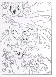 Size: 2544x3504 | Tagged: safe, artist:mohawkrex, angel bunny, fluttershy, pinkie pie, rainbow dash, earth pony, pegasus, pony, comic:a piece of pie, alternate hairstyle, black and white, choker, comic, female, filly, foal, grayscale, mare, mohawk, monochrome, nose piercing, nose ring, piercing, punkie pie, rocket, spiked choker, traditional art