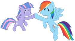 Size: 3104x1684 | Tagged: safe, artist:bomberchif, artist:twilyisbestpone, rainbow dash, wind sprint, pegasus, pony, base used, cute, dashabetes, duo, eyes closed, female, filly, foal, hoofbump, mare, simple background, smiling, spread wings, sprintabetes, transparent background, wings