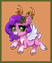 Size: 809x988 | Tagged: safe, artist:confetticakez, pipp petals, deer, deer pony, original species, peryton, reindeer, g5, adorapipp, antlers, christmas, cloven hooves, cute, female, freckles, holiday, holly, markings, open mouth, orange background, reindeerified, simple background, solo, species swap