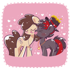 Size: 1040x1031 | Tagged: safe, artist:typhwosion, oc, oc only, oc:louvely, oc:varan, pony, commission, duo, eyes closed, hat, jewelry, kissing, necklace