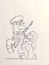 Size: 1080x1440 | Tagged: safe, artist:bright banner, oc, oc only, oc:bright banner, pegasus, pony, clothes, gun, male, monochrome, no eyelashes, pegasus oc, pencil drawing, pony oc, rifle, soldier, solo, traditional art, uniform, weapon