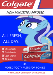 Size: 1138x1600 | Tagged: safe, artist:bonemareoh, minuette, pony, unicorn, g4, advertisement, slogan, smiling, solo, teeth, toothbrush, toothpaste