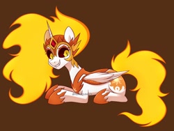 Size: 2400x1800 | Tagged: safe, artist:handgunboi, daybreaker, alicorn, pony, g4, armor, brown background, dark sclera, fangs, female, grin, helmet, looking at you, lying down, prone, simple background, smiling, solo