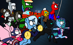 Size: 1680x1050 | Tagged: safe, artist:professorventurer, doctor whooves, misty brightdawn, rainbow dash, silver spoon, time turner, trixie, twilight sparkle, oc, oc:albino pie, oc:banana pie, oc:candymare, oc:jet-stream, oc:sugar rush, alicorn, earth pony, pegasus, pony, unicorn, ask albino pie, rainbowdashsmailbag, g4, g5, ant-man, arrow, ask the luna knight, avengers, avengers logo, black panther, black widow (marvel), bow (weapon), bow and arrow, bowtie, cape, captain america, clothes, discord whooves, doctor strange, eyepatch, gun, hammer, hawkeye, iron man, iron suit, male, marvel, mask, mjölnir, nick fury, shield, spider web, spider-man, superhero, the incredible hulk, thor, tiny, tiny ponies, tumblr, tuxedo, war hammer, weapon