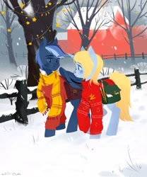 Size: 1707x2048 | Tagged: safe, artist:hichieca, oc, oc only, pegasus, pony, unicorn, bag, blushing, clothes, duo, fence, looking at each other, looking at someone, saddle bag, scarf, snow, snowfall, tree, winter