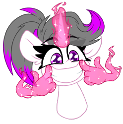 Size: 1770x1786 | Tagged: safe, artist:nekro-led, oc, oc only, oc:hazel radiate, pony, unicorn, bust, commission, commissioner:biohazard, cute, ear fluff, eyebrows, eyebrows visible through hair, eyelashes, glowing, glowing horn, hand, highlights, horn, magic, magic hands, ponytail, portrait, purple eyes, simple background, smiling, transparent background, unicorn oc, wingding eyes, ych result