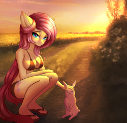 Size: 1306x1266 | Tagged: safe, artist:hellcat120, fluttershy, pegasus, rabbit, anthro, animal, bedroom eyes, belly button, bikini, breasts, busty fluttershy, clothes, digital art, female, looking at you, petting, pose, sandals, solo, swimsuit, tail, thighs, wide hips, wingless, wingless anthro