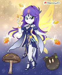Size: 1611x1928 | Tagged: safe, artist:tabrony23, rarity, human, equestria girls, g4, beautiful, breasts, busty rarity, clothes, cosplay, costume, cute, eyebrows, female, gemstones, genshin impact, jewelry, looking at you, mushroom, ningguang (genshin impact), patreon, patreon logo, shoes, show accurate, signature, slimes (genshin impact), smiling, smiling at you, solo, stretchy geo fungus (genshin impact), stupid sexy rarity