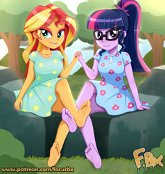 Size: 2362x2480 | Tagged: safe, artist:focusb, sci-twi, sunset shimmer, twilight sparkle, human, equestria girls, g4, barefoot, clothes, duo, feet, female, fetish, foot fetish, footsie, glasses, grass, high res, lesbian, missing shoes, patreon, rock, ship:sci-twishimmer, ship:sunsetsparkle, shipping, sitting, smiling, tree, url, watermark