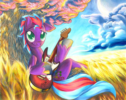 Size: 800x633 | Tagged: safe, artist:muffyn-man, oc, oc only, pony, female, guitar, mare, musical instrument, one ear down, sitting, solo, tree, unshorn fetlocks