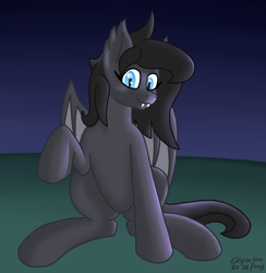 Size: 1068x1094 | Tagged: safe, artist:eklipsethepony, oc, oc only, oc:eklipse, bat pony, pony, bat wings, cute, cute little fangs, fangs, night, solo, species swap, spread wings, wings