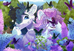 Size: 3870x2700 | Tagged: safe, artist:medkit, oc, oc only, butterfly, insect, pegasus, pony, big eyes, blue sky, cloud, complex background, duo, eyes open, female, fence, flower, garden, giggling, grass, hair over one eye, happy, high res, hoof on cheek, hoof over mouth, hug, insect on ear, insect on flower, insect on nose, leaves, lilac, male, mare, open mouth, paint tool sai 2, pair, partially open wings, raised hoof, scrunchie, smiling, speedpaint, stallion, tail, tree, wings, wondering