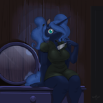 Size: 900x900 | Tagged: safe, artist:kevinsano, princess luna, alicorn, anthro, breasts, busty princess luna, clothes, costume, detailed background, digital art, female, hair over one eye, halloween, halloween costume, horn, knife, looking at you, one eye closed, sitting, solo, tail