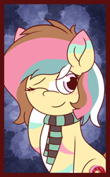 Size: 1200x1920 | Tagged: safe, artist:thebadbadger, oc, oc only, oc:ponpunch, pony, clothes, one eye closed, scarf, solo, striped scarf, wink