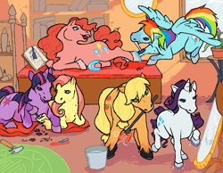 Size: 1102x854 | Tagged: safe, artist:couch-house, applejack, fluttershy, pinkie pie, rainbow dash, rarity, twilight sparkle, earth pony, pegasus, pony, unicorn, g4, bucket, farrier, female, hammer, hooficure, horseshoes, lying down, mane six, mare, mirror, mouth hold, nail, nail file, prone, underhoof, unshorn fetlocks