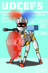 Size: 4000x6000 | Tagged: safe, artist:cdrspark, object pony, original species, pony, robot, robot pony, autocannon, force field, grenade launcher, military, ponified, security guard, simple background, solo, u.d.c.e., weapon
