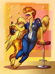 Size: 3000x4000 | Tagged: safe, artist:lupiarts, spitfire, pegasus, anthro, g4, absolute cleavage, alcohol, blushing, braless, breasts, bubble, cleavage, clothes, digital art, drunk, jack daniels, open clothes, open shirt, spread wings, tipsy, tipsyfire, uniform, wings, wonderbolts, wonderbolts uniform