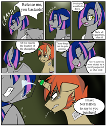 Size: 2224x2637 | Tagged: safe, alternate version, artist:jolliapplegirl, oc, pegasus, pony, unicorn, comic:dusk rebellion, dark star au, alternate timeline, alternate universe, comic, crystal war timeline, dialogue, high res, male, restrained, stallion