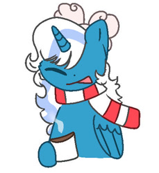Size: 428x468 | Tagged: safe, artist:lilystarflower, oc, oc:fleurbelle, alicorn, pony, adorabelle, alicorn oc, bow, chocolate, clothes, cute, female, food, hair bow, horn, hot chocolate, mare, mug, ocbetes, scarf, simple background, striped scarf, white background, wings