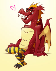 Size: 685x864 | Tagged: safe, artist:spunkywulf, garble, dragon, g4, clothes, gradient background, heart, male, sitting, socks, solo, striped socks