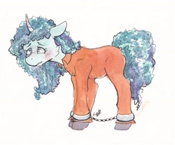 Size: 3510x2906 | Tagged: safe, artist:lightisanasshole, misty brightdawn, pony, unicorn, g5, :s, clothes, commission, commissioner:rainbowdash69, cuffed, high res, jumpsuit, never doubt rainbowdash69's involvement, prison outfit, prisoner, prisoner misty, solo, traditional art, watercolor painting, wavy mouth