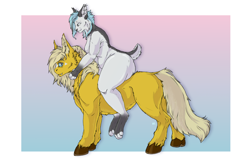 Size: 6000x4000 | Tagged: safe, artist:hornyshorttail, oc, oc:freeze, oc:jackyablo, big cat, lynx, pony, anthro, series:to snow under, absurd resolution, belly, chubby, curvy, fat, female, hip, large butt, male, mare, riding, riding a pony, smiling, thicc thighs, this will end in weight gain, weight gain sequence, wide hips