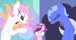 Size: 841x445 | Tagged: safe, artist:pagiepoppie12345, princess cadance, princess celestia, princess luna, alicorn, pony, angry, argument, bow, cutie mark, dialogue, eyes closed, female, filly, filly cadance, foal, hair bow, horn, mare, moon, pink-mane celestia, ponytail, royal sisters, s1 luna, shrunken pupils, sibling rivalry, siblings, sisters, sun, sun vs moon, text, watching, wings, yelling, young cadance, young celestia, young luna, younger