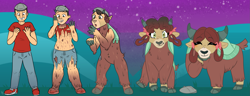 Size: 2841x1086 | Tagged: safe, artist:lunchiepanda, yona, human, yak, g4, ^^, blushing, detailed background, eyes closed, grin, hill, human to yak, looking at self, male to female, night, rule 63, smiling, stars, transformation, transformation sequence, transgender transformation