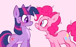 Size: 2048x1280 | Tagged: safe, artist:alexbeeza, pinkie pie, twilight sparkle, earth pony, pony, unicorn, friendship is magic, g4, 2022, abstract background, blushing, chest fluff, coat markings, duo, duo female, female, looking at each other, looking at someone, mare, open mouth, open smile, pink background, simple background, smiling, sweat, sweatdrop, unicorn twilight