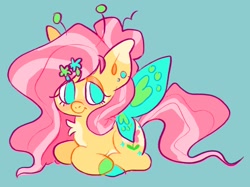 Size: 2048x1534 | Tagged: safe, artist:alexbeeza, fluttershy, original species, g4, 2022, abstract background, alternate cutie mark, alternate design, alternate hairstyle, antennae, big ears, blue background, chest fluff, coat markings, colored hooves, female, flower, flower in hair, gossamer wings, lidded eyes, looking at you, simple background, solo, spread wings, wings