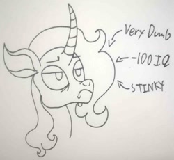 Size: 1375x1265 | Tagged: safe, artist:spoopygirl, oleander (tfh), pony, unicorn, them's fightin' herds, community related, female, lineart, slander, text, traditional art