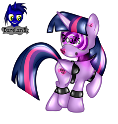 Size: 2590x2719 | Tagged: safe, artist:damlanil, twilight sparkle, alicorn, latex pony, original species, pony, g4, bdsm, bondage, bound wings, close-up, clothes, collar, cuffs, encasement, female, gas mask, heart, high res, horn, hypnogear, latex, living latex, mare, mask, mind control, raised hoof, restrained, rubber, rubber drone, rubber suit, shiny, shiny mane, show accurate, simple background, solo, story, story included, transformation, transparent background, twilight sparkle (alicorn), vector, visor, wings