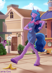 Size: 3508x4960 | Tagged: safe, artist:pwnagespartan, izzy moonbow, pipp petals, pegasus, unicorn, anthro, unguligrade anthro, g5, adorapipp, banana, banana peel, clothes, cute, eyes closed, female, food, mare, moments before disaster, open mouth, overall shorts, overalls, plant, potted plant, smiling, this will end in pain, this will end in pain and/or death, underhoof, unshorn fetlocks, walking