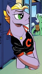 Size: 750x1334 | Tagged: safe, artist:andy price, idw, official comic, buck withers, earth pony, pony, g4, neigh anything, spoiler:comic, spoiler:comic11, chad, clothes, cropped, jacket, jewelry, male, necklace, solo focus, stallion, starry eyes, varsity jacket, wingding eyes