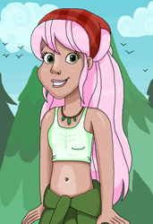 Size: 738x1080 | Tagged: safe, artist:ocean lover, raspberry lilac, bird, human, equestria girls, g4, background human, bandana, bare midriff, bare shoulders, beautiful, belly button, clothes, cloud, dark skin, female, forest, green eyes, human coloration, jacket, jewelry, lips, long hair, midriff, necklace, outdoors, pink hair, pretty, shiny skin, sky, smiling, solo, tank top, tree