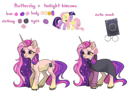 Size: 2246x1652 | Tagged: safe, artist:crumbelinadicarmello, fluttershy, twilight sparkle, oc, alicorn, pony, unicorn, g4, avatar maker fantasy pony, body markings, cloak, clothes, flower, flower in hair, flower petals, fusion, fusion:fluttershy, glasses, gradient legs, horn, kin fusion, kinsona, long mane, petals, reference sheet, request, simple background, solo, sweater, transparent background, twilight sparkle (alicorn), unicorn oc