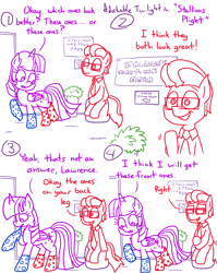 Size: 4779x6013 | Tagged: safe, artist:adorkabletwilightandfriends, twilight sparkle, oc, oc:lawrence, alicorn, earth pony, pony, comic:adorkable twilight and friends, g4, adorkable, adorkable twilight, canon x oc, clothes, comic, couple, cute, dating, dating sim, dork, dressing, dressing room, female, glasses, male, mare, necktie, potted plant, question, sign, silly, sitting, slice of life, smiling, socks, stallion, store, straight, tail, tugging, twilight sparkle (alicorn), waiting