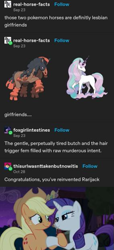 Size: 283x621 | Tagged: safe, screencap, applejack, rarity, earth pony, galarian ponyta, galarian rapidash, mudsdale, pony, ponyta, rapidash, unicorn, g4, applejack's hat, bedroom eyes, cowboy hat, crossover, female, hat, holding hooves, lesbian, meme, needs more jpeg, pokémon, ship:rarijack, shipping, tree, tumblr