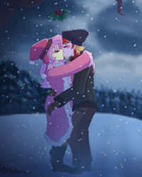 Size: 2000x2500 | Tagged: safe, artist:lionbun, fluttershy, oc, oc:lucky charm, human, g4, blushing, canon x oc, clothes, commission, couple, female, high res, holly, holly mistaken for mistletoe, hug, humanized, kiss on the lips, kissing, male, snow, snowfall, straight, wholesome, winter, winter outfit