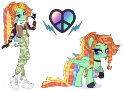 Size: 5589x4136 | Tagged: safe, artist:gihhbloonde, oc, oc only, human, pegasus, pony, equestria girls, g4, absurd resolution, adoptable, bags under eyes, bomber jacket, camouflage, choker, clothes, dreadlocks, ear piercing, earring, equestria girls-ified, eyebrow piercing, feather, female, fingerless gloves, folded wings, glasses, gloves, human ponidox, jacket, jewelry, looking at you, looking back, magical lesbian spawn, mare, multicolored hair, necklace, offspring, pants, parent:rainbow dash, parent:tree hugger, parents:rainbowhugger, peace sign, piercing, purple eyes, rainbow hair, raised hoof, round glasses, self paradox, self ponidox, shoes, simple background, sneakers, socks, solo, sports bra, standing, sunglasses, sweatpants, transparent background, wings