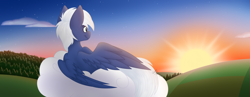 Size: 7456x2904 | Tagged: safe, artist:feather_bloom, oc, oc only, oc:hazy hint, pegasus, pony, cloud, commission, detailed, detailed background, on a cloud, shading, solo, sunset