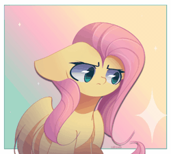 Size: 1000x904 | Tagged: safe, artist:miryelis, fluttershy, pegasus, pony, g4, animated, big ears, ears back, gif, impossibly large ears, long hair, looking, looking at you, simple background, sitting, smiling, smiling at you, solo, wings