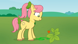 Size: 1892x1075 | Tagged: safe, artist:forgalorga, posey bloom, earth pony, pony, make new friends, g4, g5, my little pony: a new generation, bow, earth pony magic, female, field, food, g5 to g4, gem, generation leap, grass, grass field, hair bow, jewelry, looking down, magic, mare, necklace, plant, ponytail, smiling, strawberry, tail, tail bow, unshorn fetlocks