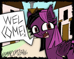 Size: 924x744 | Tagged: safe, artist:xxv4mp_g4z3rxx, oc, oc only, oc:violet valium, bat pony, pony, angular, bat pony oc, egalitarianism, equal cutie mark, equalized, equalized mane, female, folded wings, mare, our town, signature, solo, speech bubble, two toned mane, wings